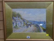 G REILLY? watercolour - waterfront scene with donkey and cart by cottages, signed, 25 x 35 cms