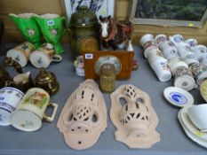 Vintage mantel clock, a pottery shire horse, a quantity of pottery floral ornaments etc