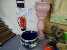 Blue pottery jardiniere and a pink speckled example on stand