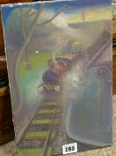 Oil on canvas - steam engine passing a station, 30 x 20 cms