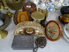 Pewter box with Dutch scene, a wine funnel, a shell mounted mantel clock with mixed quantity of