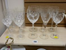Set of six tall wine glasses and other wine glasses