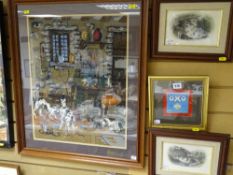 Large framed tapestry - interior scene with gentleman at table, a framed OXO print and two