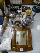 Vintage mirror and brush set, a quantity of EP ware and two brass type mantel clocks