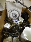 Gaudy Welsh mug and jug, two 1980 Eisteddfod plates with 'E Meirion Roberts' decoration, a glass