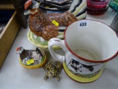 Large Staffs pottery hen on nest and one other with a twin handled vintage frog mug (frog loose)