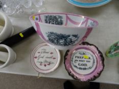 Three Sunderland lustre pottery items including a large transfer decorated bowl with images and