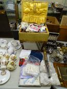 Vintage sewing box and contents, a collection of embroidered and other handkerchiefs and lacework,