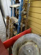 Parcel of three vintage wood and metal assorted stepladders, metal framed red upholstered bench