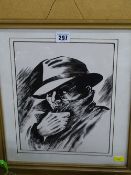 Black and white study of furtive gentleman (Bogart) in trilby hat and high collar, 29 x 22 cms