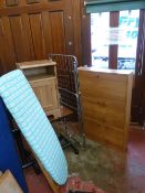 Three door shoe cupboard, wooden ironing board, light wood effect bedside table, over bed table