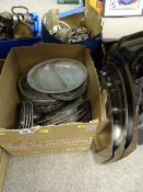 Box of hotel EP ware serving dishes and three stainless steel trays