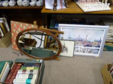 Oak framed oval wall mirror, vintage folding table, an L S LOWRY framed print with two further