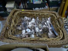 Three wicker baskets and a quantity of loose EP cutlery