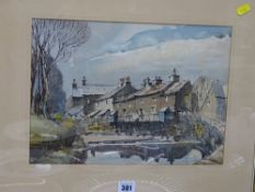 ? SHUTTLEWORTH watercolour and ink - canal side houses, Lancashire, signed, 25 x 35 cms