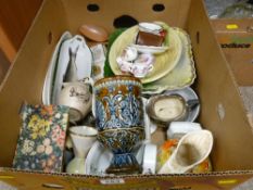 Box of mixed porcelain including Bewley pottery jug etc