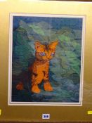 Study on material - seated red kitten amongst leaves, 37 x 30 cms