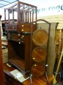Mahogany three shelf cakestand, a reproduction Canterbury and an inlaid console table
