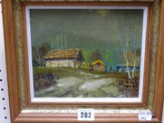 Modern Russian oil on canvas - rural farmstead, 17 x 20 cms