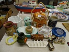 Cottage ware biscuit barrel, gypsy type reading cup, quantity of animal and bird ornaments etc