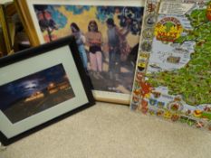 Quantity of framed pictures and prints and a printed cloth historic map of Wales and Monmouth