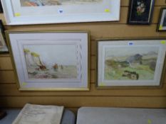 FRANK HIDER watercolour - seascape with beached boats and figures, signed, 24 x 33 cms and