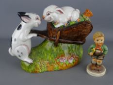 Staffs Fine Ceramics handpainted collector's teapot of two bunnies with a wheelbarrow and a Hummel