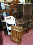 Three shelf bookcase, two x two tier drinks wagons, white corner whatnot, folding table (a parcel)
