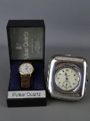 Silver fronted pocket watch case with open faced pocket watch, marked 'Salvos Star' and a Pulsar