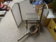 Vintage brass and iron footman, a patent coaching lamp no. 2070 and a modern folding sparkguard