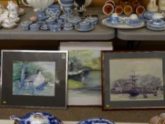 BERYL OWEN watercolour - pond scene with little boy fishing, signed and with title label verso, 45 x