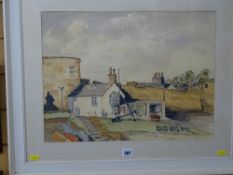 ? FRENCH watercolour and ink - old Conwy Harbour scene, signed, 36 x 48 cms