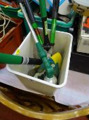 Plastic cantilever toolbox and contents and three other plastic tubs containing various garage items
