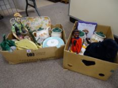 Two boxes of household crockery, soft toys and other household goods
