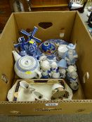 Box of blue and white ornamental ware etc