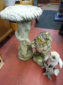 Garden ornament with plinth and bird bath top, garden gnome and an owl ornament