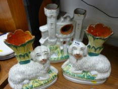 Pair of Staffs dog spillholders and a Staffs flatback castle ornament