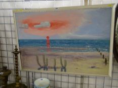 Oil on board - sunset, shore scene, unsigned, 60 x 90 cms