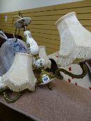 Brass and pottery vintage style three branch chandelier