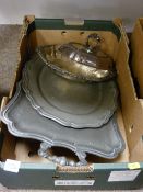 Two pewter trays and an electroplate lidded food warmer