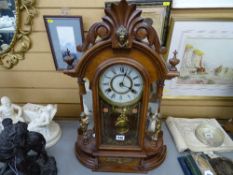 Vintage European walnut cased bell strike pendulum mantel clock (with pendulum and key)