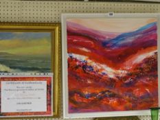 JAN GARDNER oil on canvas in box frame - abstract landscape entitled 'Red Rolling Earth', with