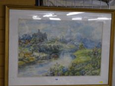 A STELFOX watercolour - river scene with ruins and buildings and cattle watering, signed, 46 x 71