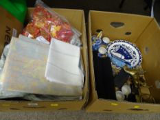 Quantity of washable table covers and a mixed box of brass and pottery collectables
