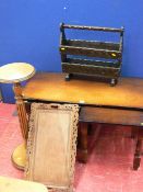 Long John nest of three tables, rustic magazine rack, a carved tray and a turned column planter
