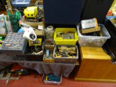 Quantity of garage items, fixings etc in four plastic tubs including small oil cans, grease guns,