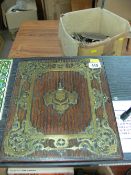 Victorian pierced brass decorated wooden blotter cover/lid with crested plaque to the centre