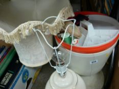 Retro plastic sewing box and contents and a modern table lamp with shade