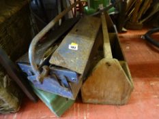 Metal cantilever toolbox with contents, wooden carrybox with fixings and a plastic carrybox with