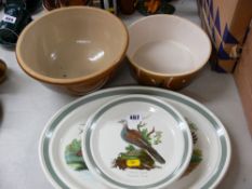 Stoneware mixing bowl, Portmeirion pottery 'Birds of Britain' meat platter and two plates etc